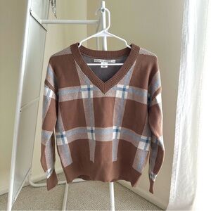 brown and blue plaid v-neck sweater